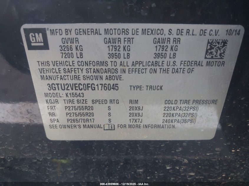 2015 GMC Sierra 1500 Slt VIN: 3GTU2VEC0FG176045 Lot: 43959606