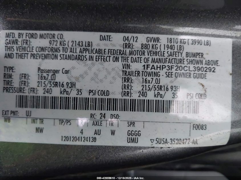 2012 Ford Focus Se VIN: 1FAHP3F20CL390292 Lot: 43959618