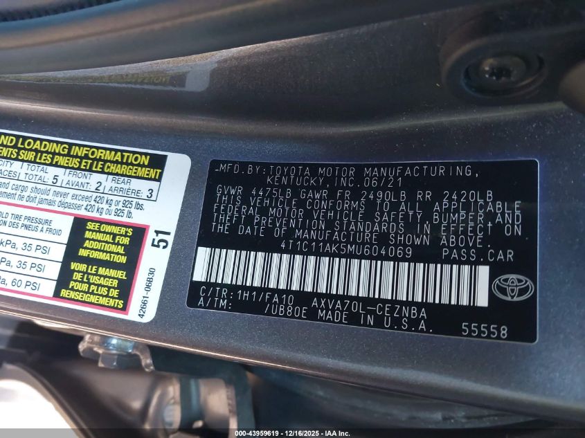 2021 Toyota Camry Le VIN: 4T1C11AK5MU604069 Lot: 43959619