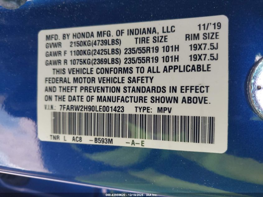 2020 Honda Cr-V Awd Touring VIN: 7FARW2H90LE001423 Lot: 43959620