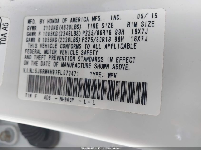2015 Honda Cr-V Touring VIN: 5J6RM4H97FL073471 Lot: 43959621