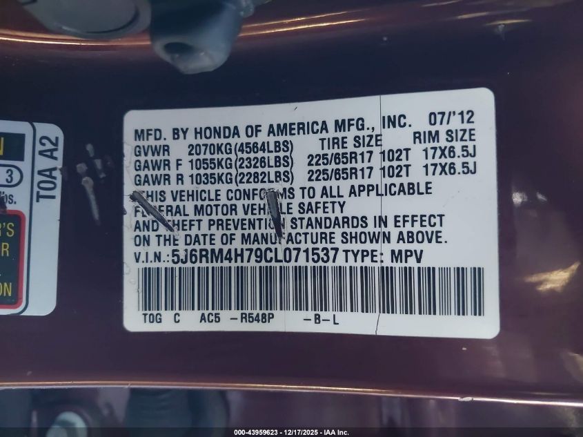 2012 Honda Cr-V Ex-L VIN: 5J6RM4H79CL071537 Lot: 43959623