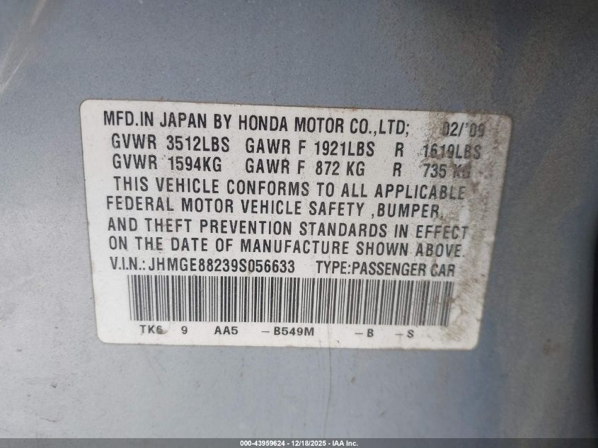 2009 Honda Fit VIN: JHMGE88239S056633 Lot: 43959624