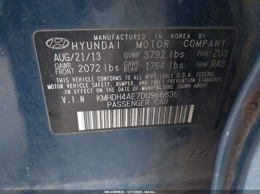 2013 Hyundai Elantra Gls VIN: KMHDH4AE7DU966836 Lot: 43959626