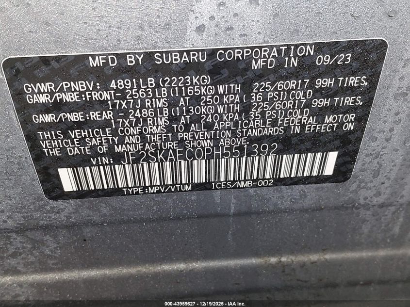 2023 Subaru Forester Premium VIN: JF2SKAEC0PH551392 Lot: 43959627