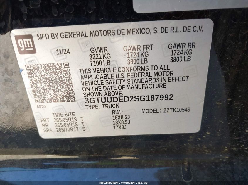 2025 GMC Sierra 1500 4Wd Short Box Slt VIN: 3GTUUDED2SG187992 Lot: 43959629