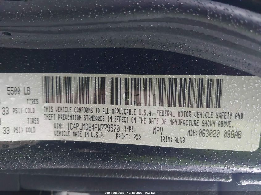 2015 Jeep Cherokee Limited VIN: 1C4PJMDB4FW779570 Lot: 43959630