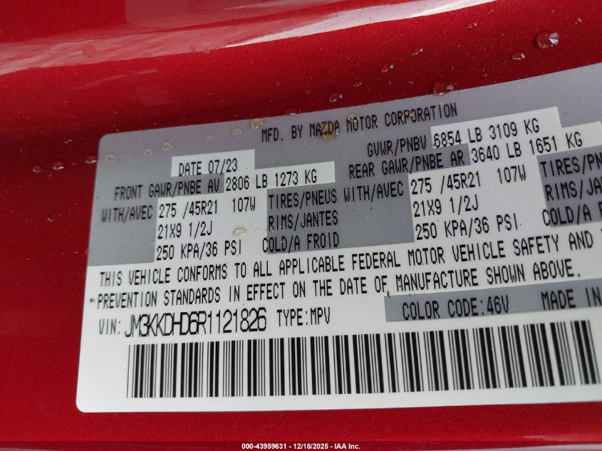 2024 Mazda Cx-90 3.3 Turbo Premium VIN: JM3KKDHD6R1121826 Lot: 43959631