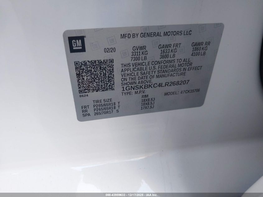 2020 Chevrolet Tahoe 4Wd Lt VIN: 1GNSKBKC4LR268207 Lot: 43959633