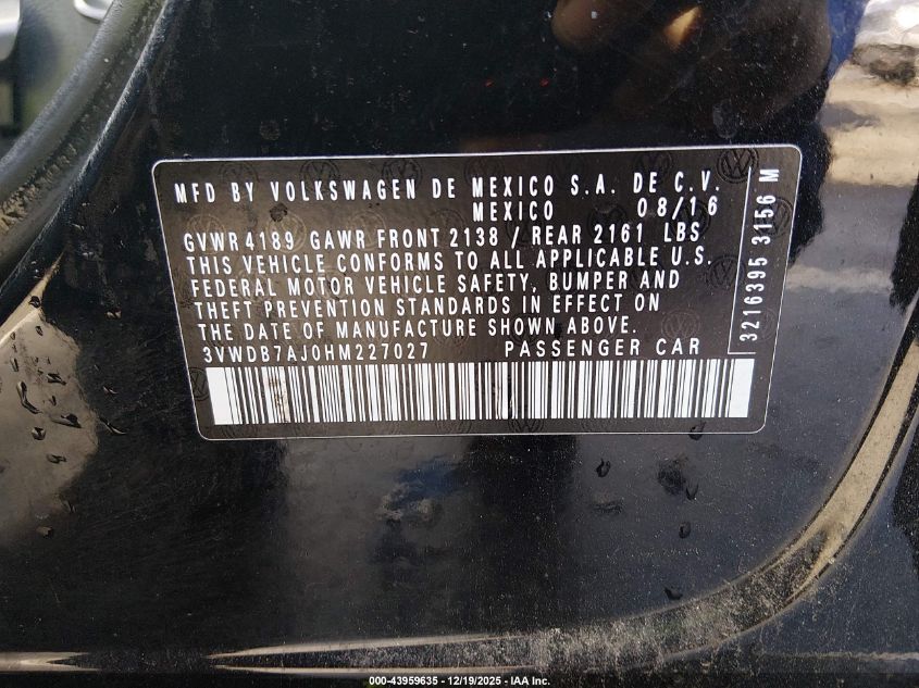 2017 Volkswagen Jetta 1.4T Se VIN: 3VWDB7AJ0HM227027 Lot: 43959635
