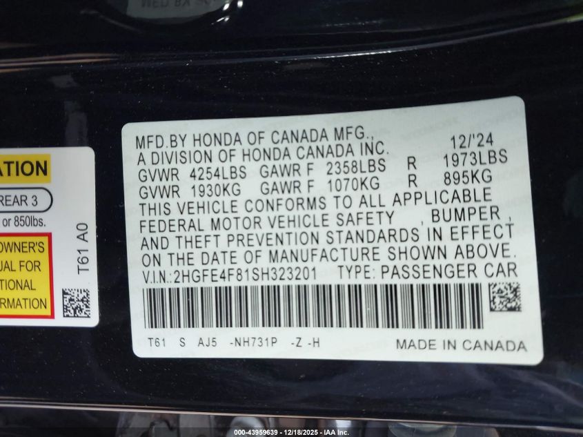2025 Honda Civic Hybrid Sport/Sport Touring VIN: 2HGFE4F81SH323201 Lot: 43959639