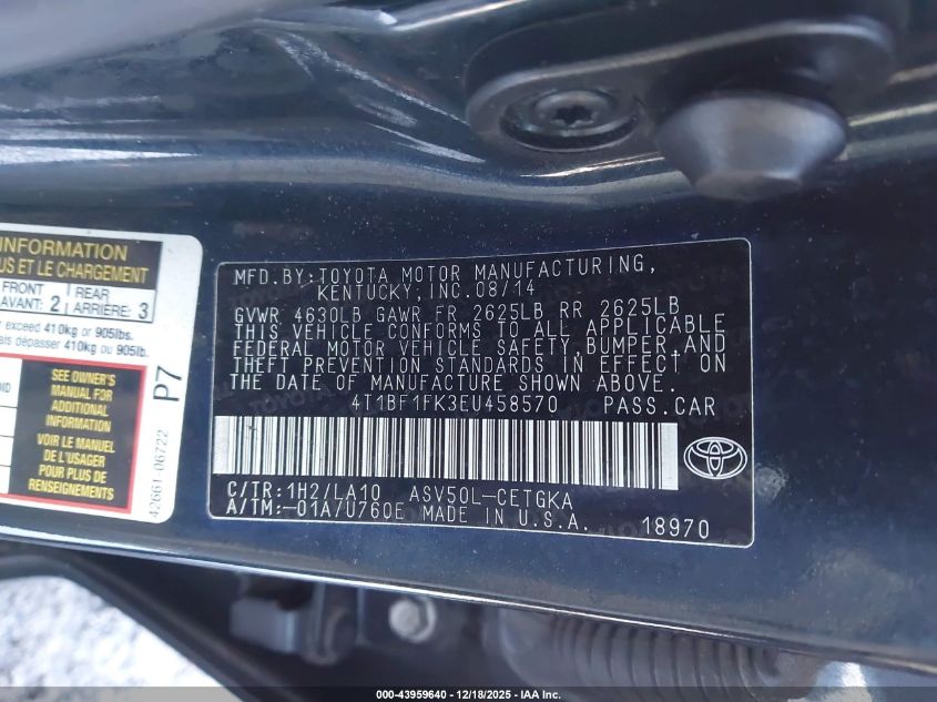 2014 Toyota Camry Xle VIN: 4T1BF1FK3EU458570 Lot: 43959640