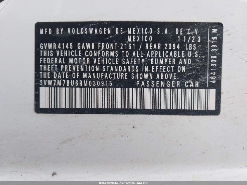 2024 Volkswagen Jetta 1.5T Se VIN: 3VW7M7BU6RM030915 Lot: 43959644