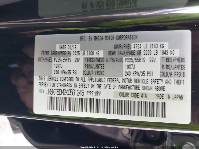 2019 Mazda Cx-5 Grand Touring VIN: JM3KFBDM2K0561245 Lot: 43959645