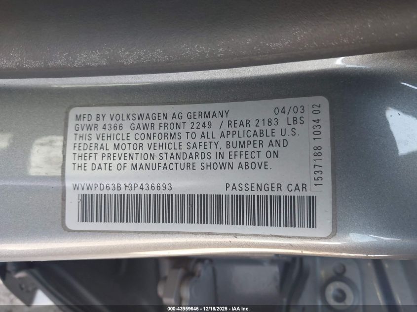2003 Volkswagen Passat Gls VIN: WVWPD63B13P436693 Lot: 43959646