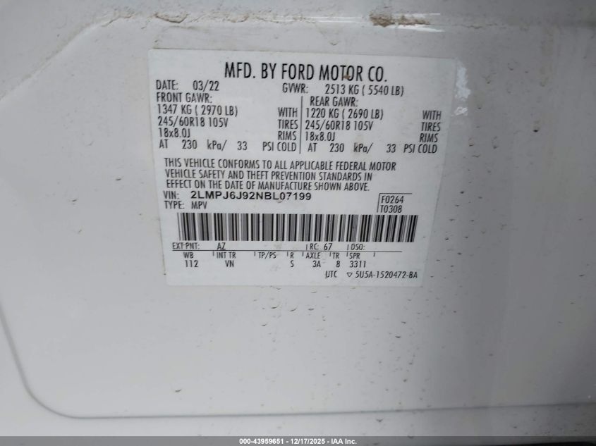 2022 Lincoln Nautilus Standard VIN: 2LMPJ6J92NBL07199 Lot: 43959651