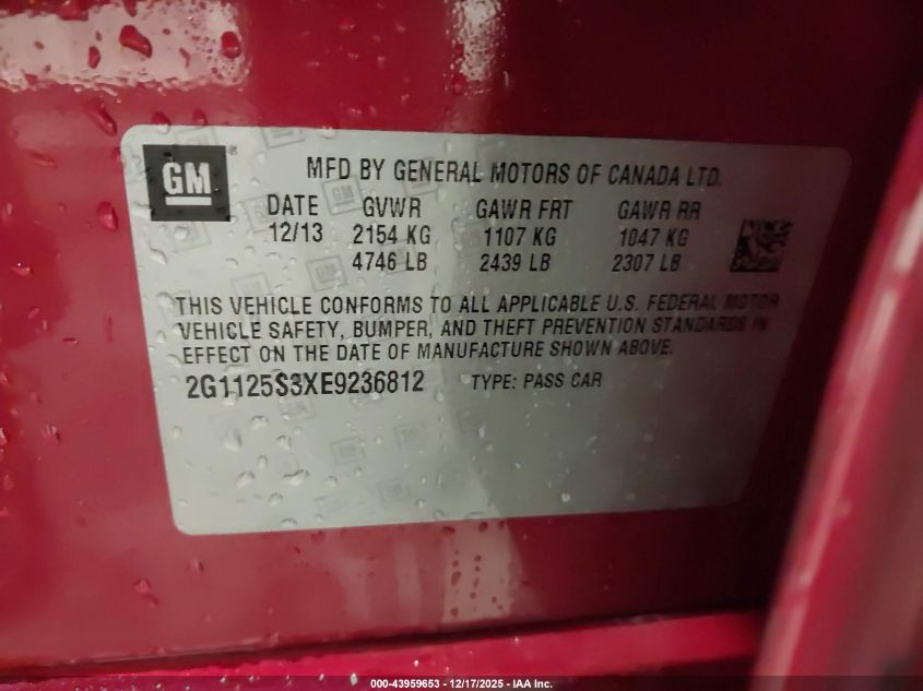 2014 Chevrolet Impala 2Lt VIN: 2G1125S3XE9236812 Lot: 43959653