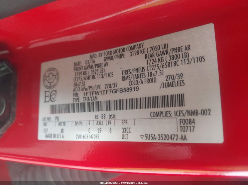 2016 Ford F-150 Xlt VIN: 1FTFW1EF7GFB58919 Lot: 43959656