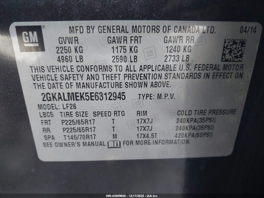 2014 GMC Terrain Sle-1 VIN: 2GKALMEK5E6312945 Lot: 43959658
