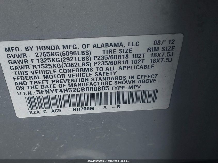 2012 Honda Pilot Ex-L VIN: 5FNYF4H52CB080805 Lot: 43959659