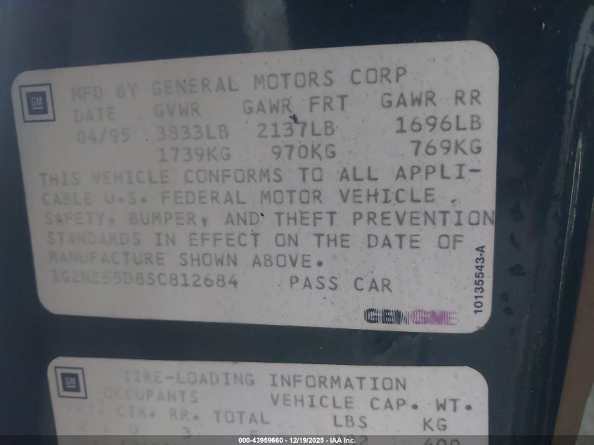 1995 Pontiac Grand Am Se VIN: 1G2NE55D8SC812684 Lot: 43959660
