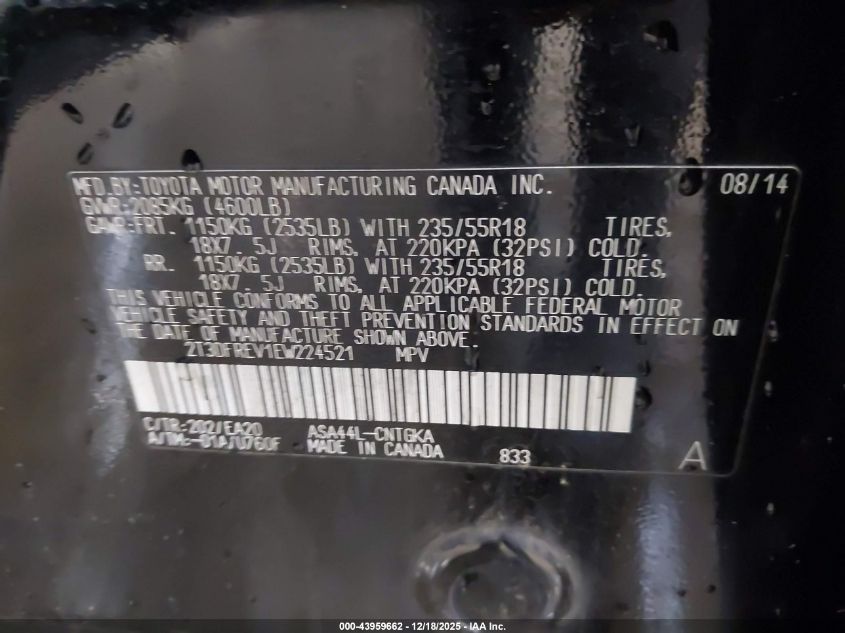 2014 Toyota Rav4 Limited VIN: 2T3DFREV1EW224521 Lot: 43959662