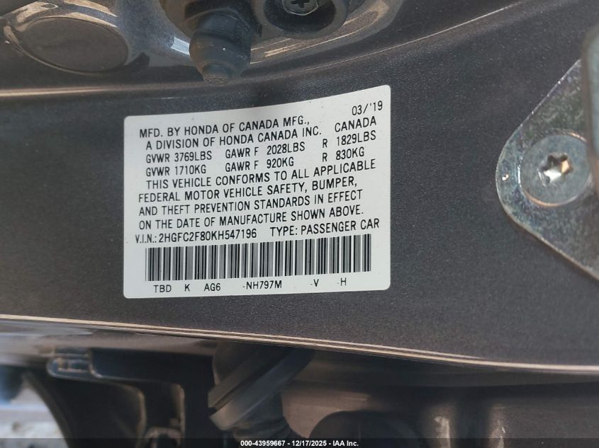 2019 Honda Civic Sport VIN: 2HGFC2F80KH547196 Lot: 43959667