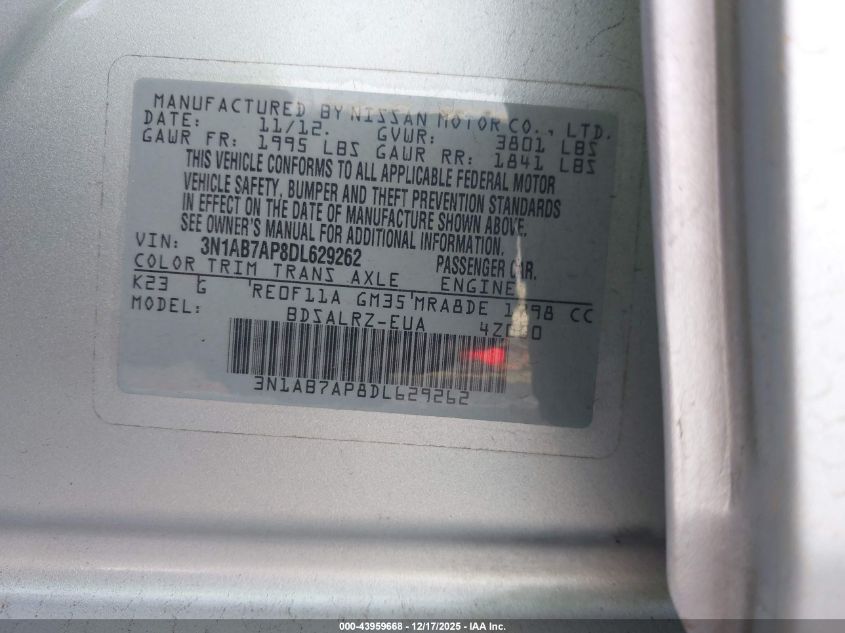 2013 Nissan Sentra Sr VIN: 3N1AB7AP8DL629262 Lot: 43959668