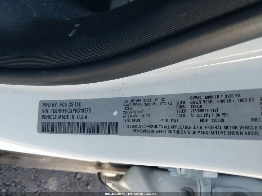 2023 Ram 1500 Big Horn 4X4 5'7 Box VIN: 1C6RRFFGXPN518979 Lot: 43959671