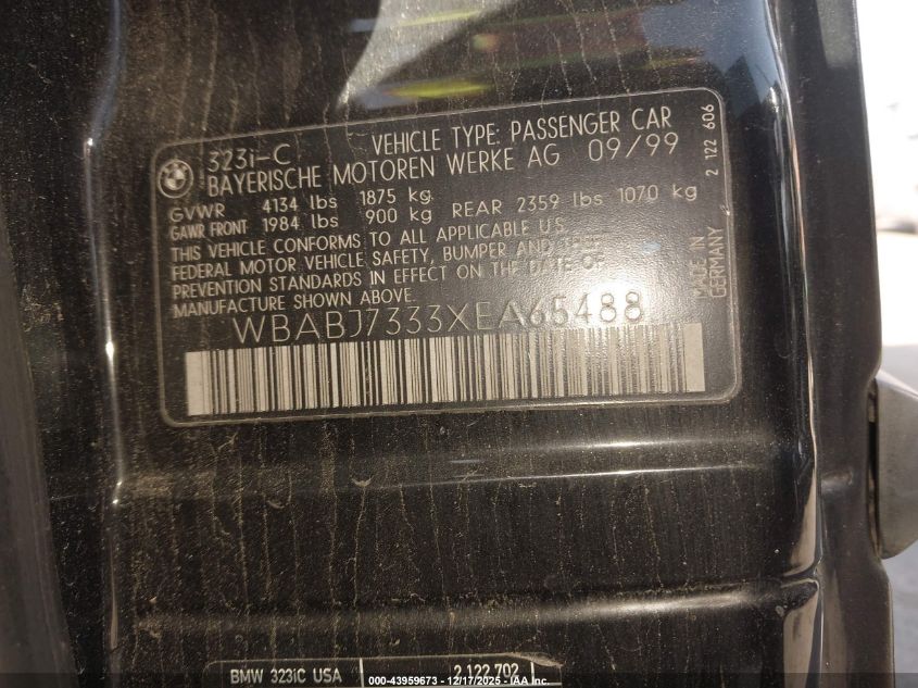 1999 BMW 323Ic VIN: WBABJ7333XEA65488 Lot: 43959673