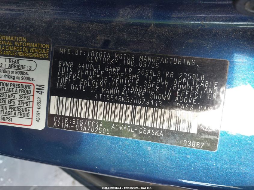 2007 Toyota Camry Se VIN: 4T1BE46K97U079113 Lot: 43959674