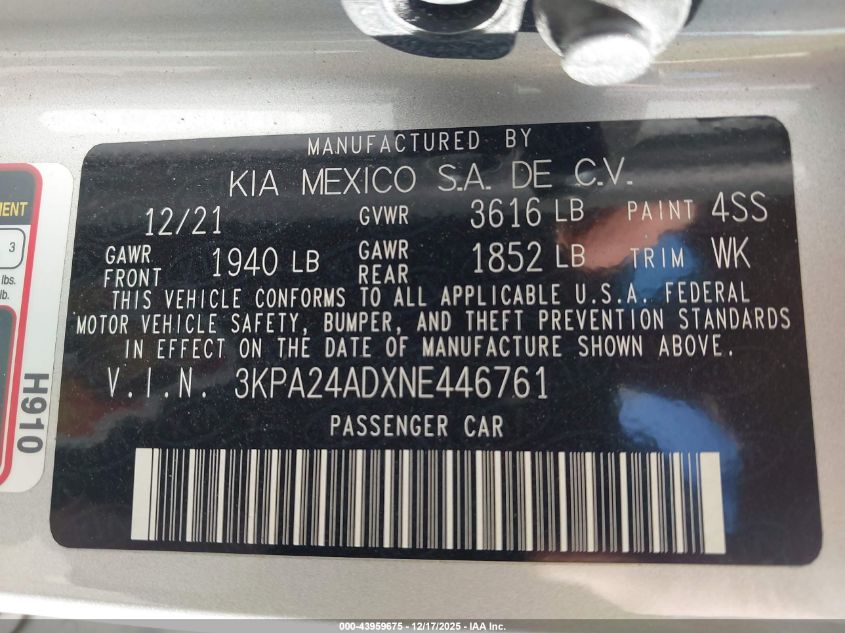 2022 Kia Rio Lx VIN: 3KPA24ADXNE446761 Lot: 43959675