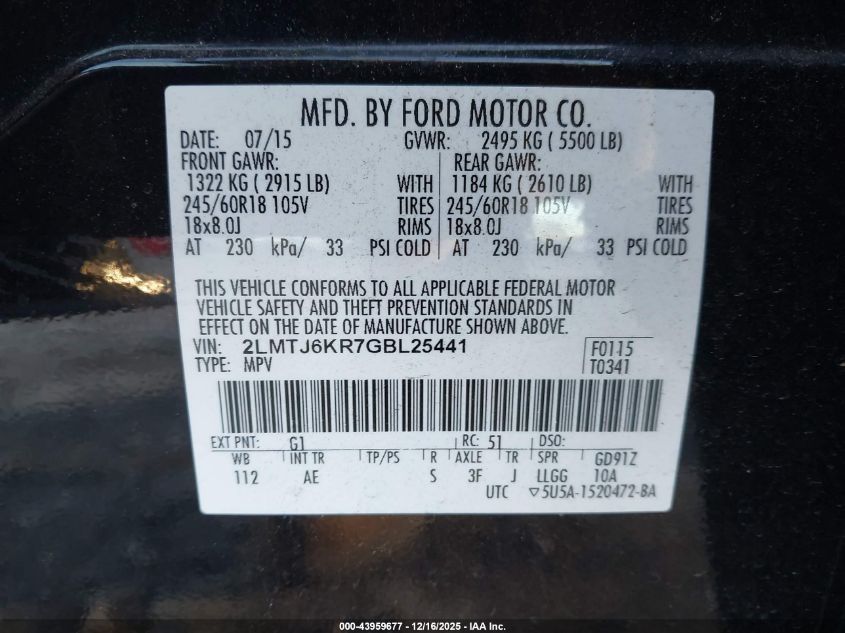 2016 Lincoln Mkx Select VIN: 2LMTJ6KR7GBL25441 Lot: 43959677