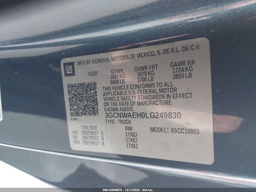 2020 Chevrolet Silverado 1500 2Wd Long Bed Wt VIN: 3GCNWAEH0LG249830 Lot: 43959678