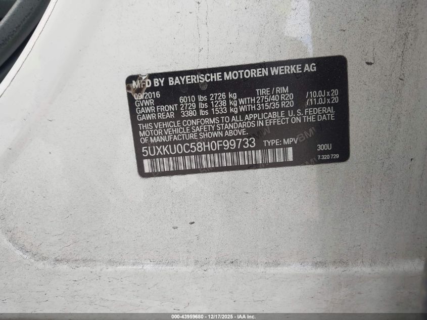 2017 BMW X6 Sdrive35I VIN: 5UXKU0C58H0F99733 Lot: 43959680