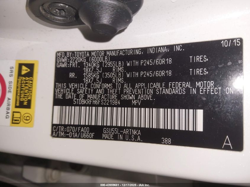 2015 Toyota Highlander Le Plus V6 VIN: 5TDBKRFH6FS221984 Lot: 43959681