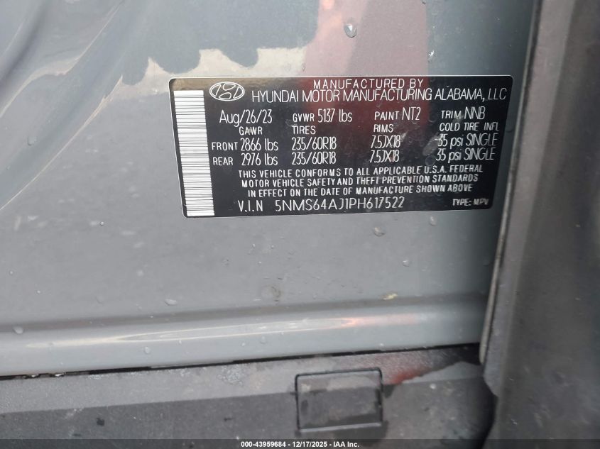 2023 Hyundai Santa Fe Xrt VIN: 5NMS64AJ1PH617522 Lot: 43959684