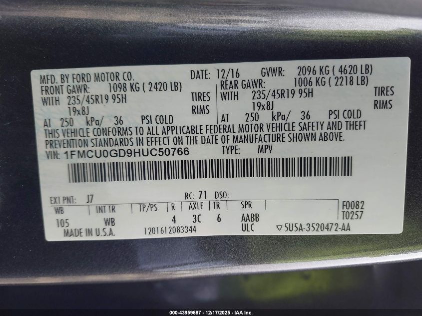 2017 Ford Escape Se VIN: 1FMCU0GD9HUC50766 Lot: 43959687