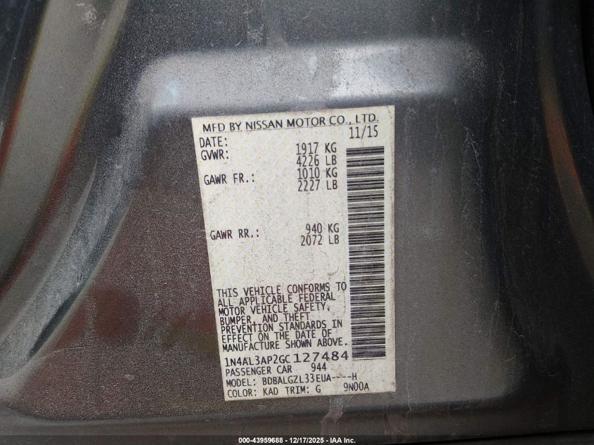 2016 Nissan Altima 2.5 S VIN: 1N4AL3AP2GC127484 Lot: 43959688