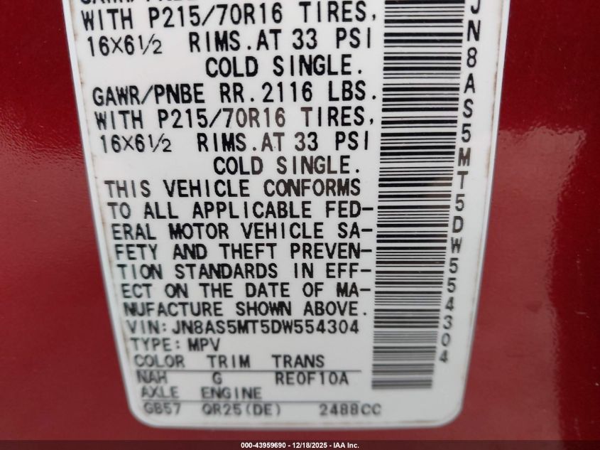 2013 Nissan Rogue S VIN: JN8AS5MT5DW554304 Lot: 43959690