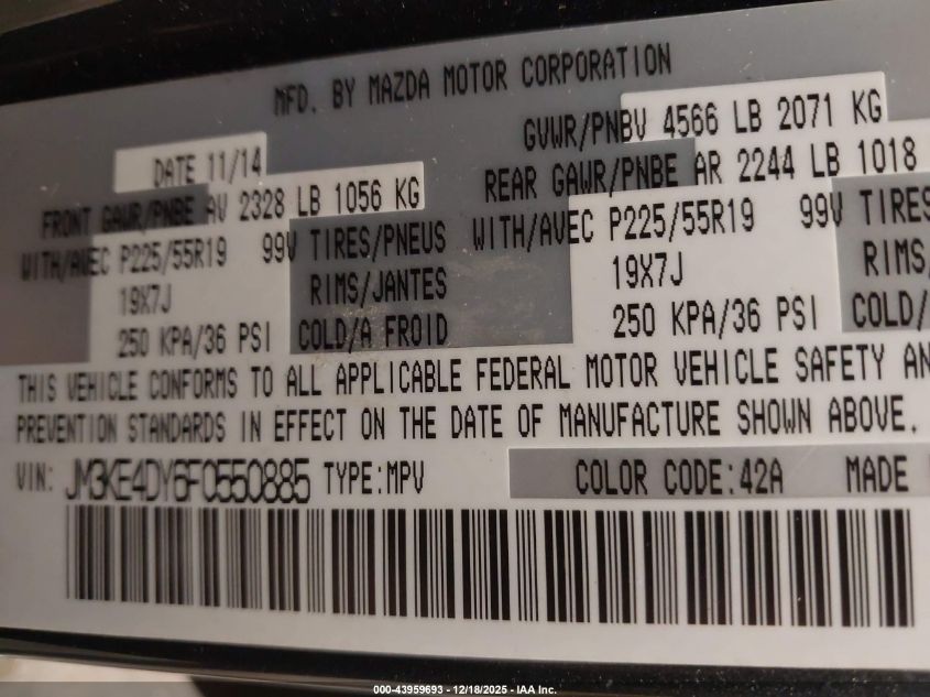 2015 Mazda Cx-5 Grand Touring VIN: JM3KE4DY6F0550885 Lot: 43959693