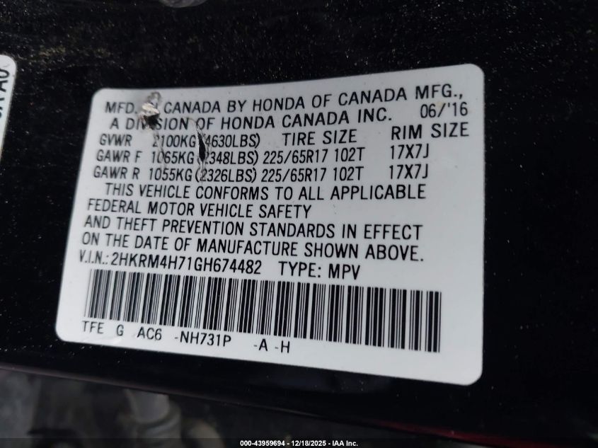 2016 Honda Cr-V Ex-L VIN: 2HKRM4H71GH674482 Lot: 43959694