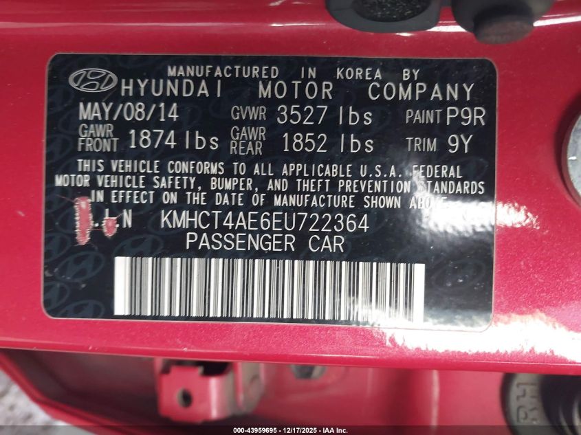 2014 Hyundai Accent Gls VIN: KMHCT4AE6EU722364 Lot: 43959695