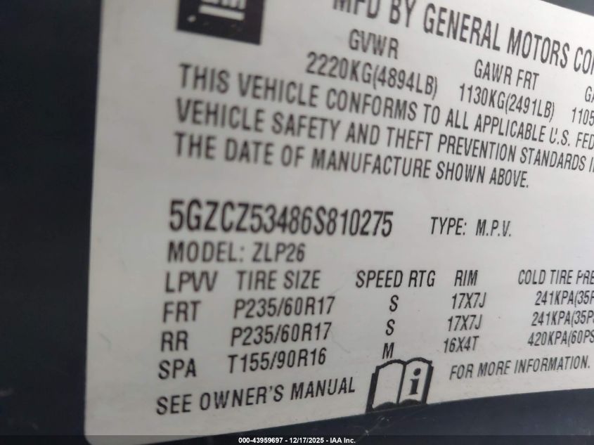 2006 Saturn Vue V6 VIN: 5GZCZ53486S810275 Lot: 43959697