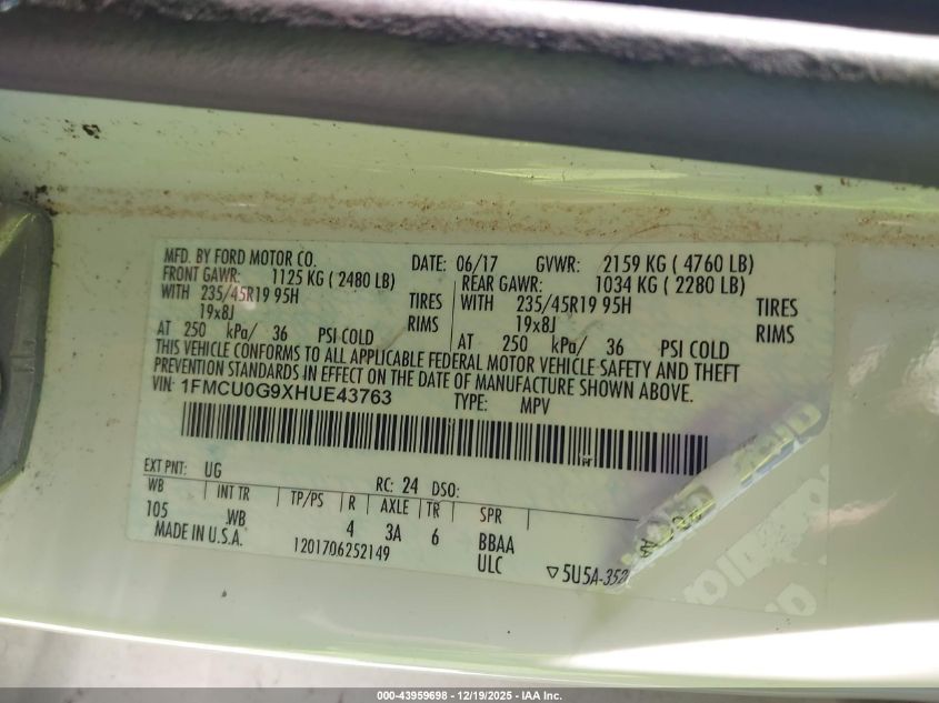 2017 Ford Escape Se VIN: 1FMCU0G9XHUE43763 Lot: 43959698