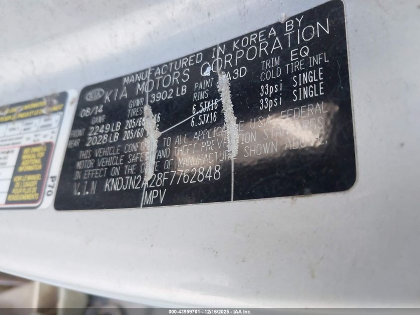 2015 Kia Soul VIN: KNDJN2A28F7762848 Lot: 43959701