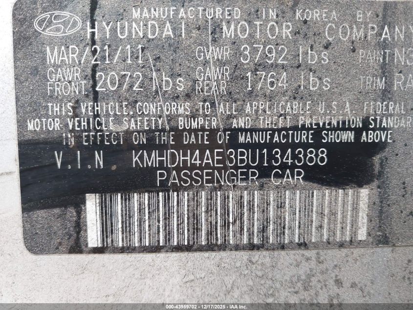 2011 Hyundai Elantra Gls (Ulsan Plant) VIN: KMHDH4AE3BU134388 Lot: 43959702