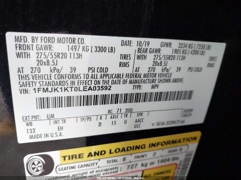 2020 Ford Expedition Limited Max VIN: 1FMJK1KT0LEA03592 Lot: 43959704