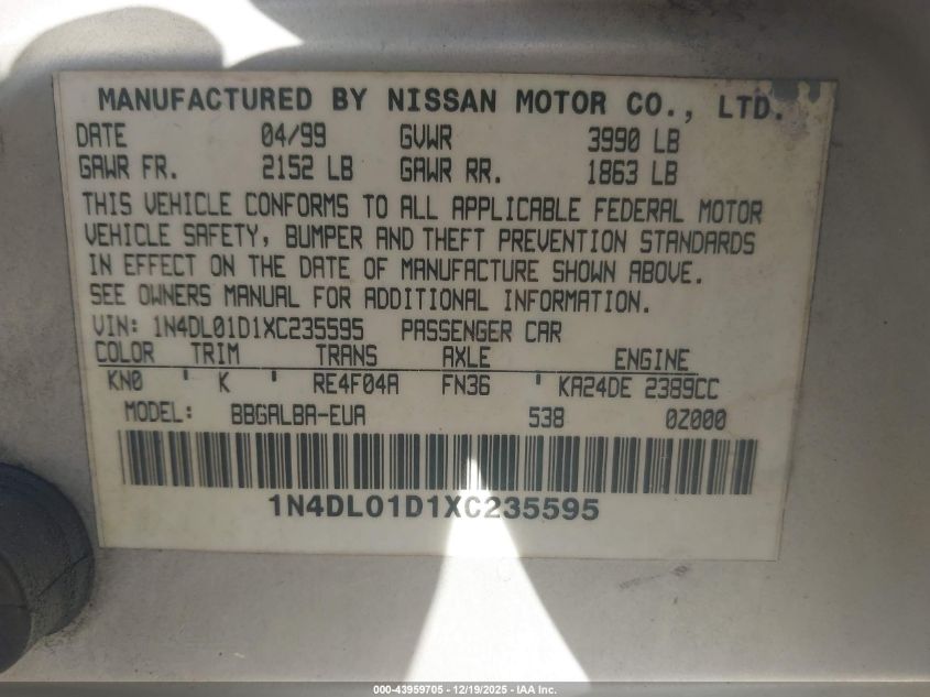1999 Nissan Altima Gle/Gxe/Se/Se-L/Xe VIN: 1N4DL01D1XC235595 Lot: 43959705
