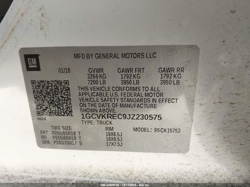 2018 Chevrolet Silverado 1500 2Lt VIN: 1GCVKREC9JZ230575 Lot: 43959708